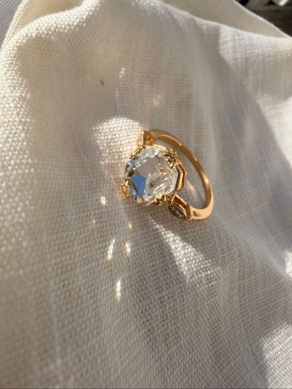 Clear Rhinestone Geometric Statement Ring Gold Tone Vintage Inspired